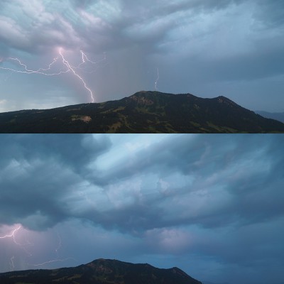 Die Tücken der Technik. Hier sieht man schön was passiert, wenn die Blitze die Wolkenstrukturen mehrmals nacheinander erhellen